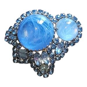 Karu brooch vintage blue rhinestone statement women jewelry accessory. Free ship